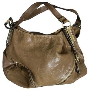 Michael kors camel tan leather bag with snakeskin accents and gold zippers nice